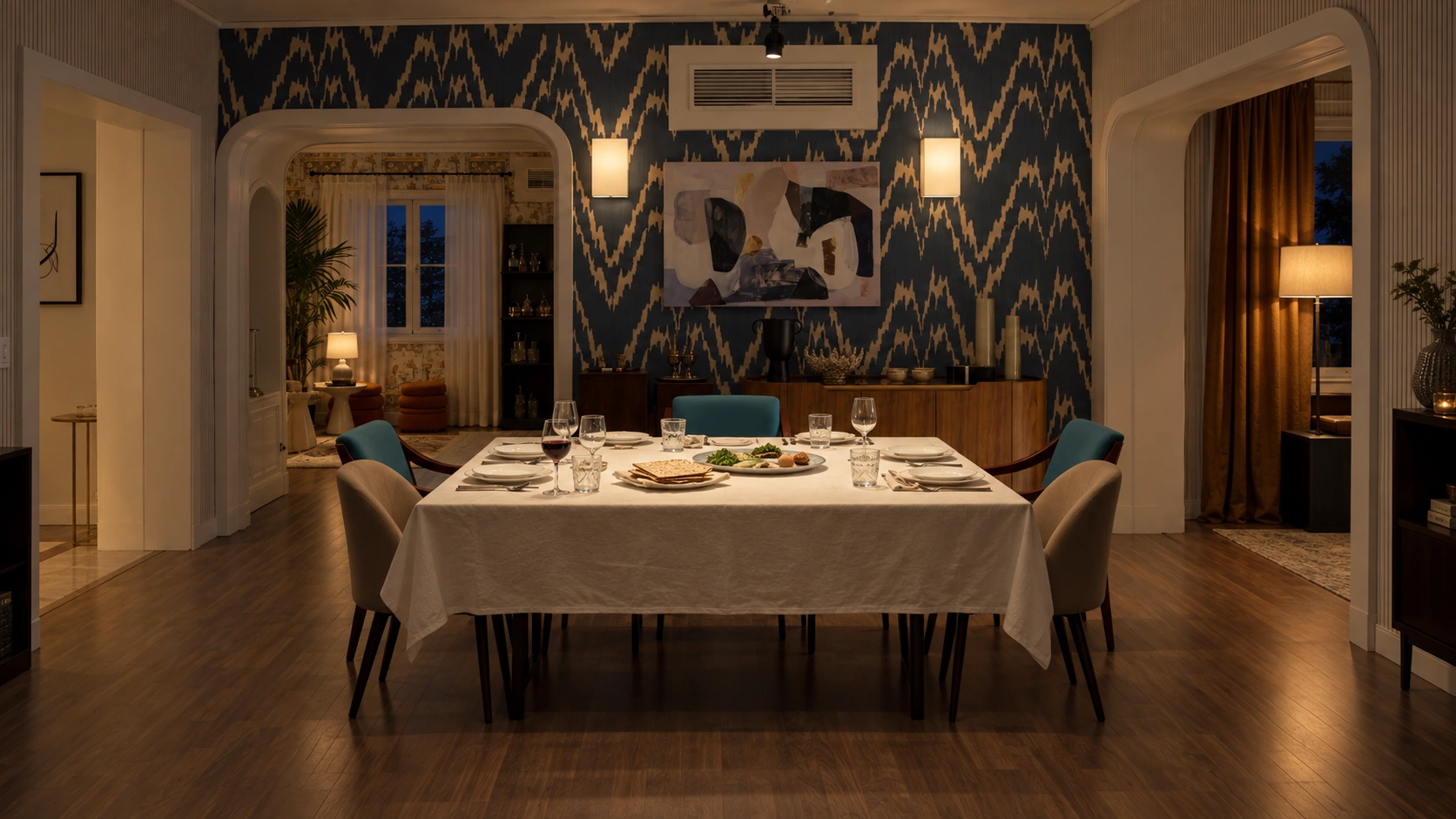 A carefully laid family dinner in a warmly lit dining room.